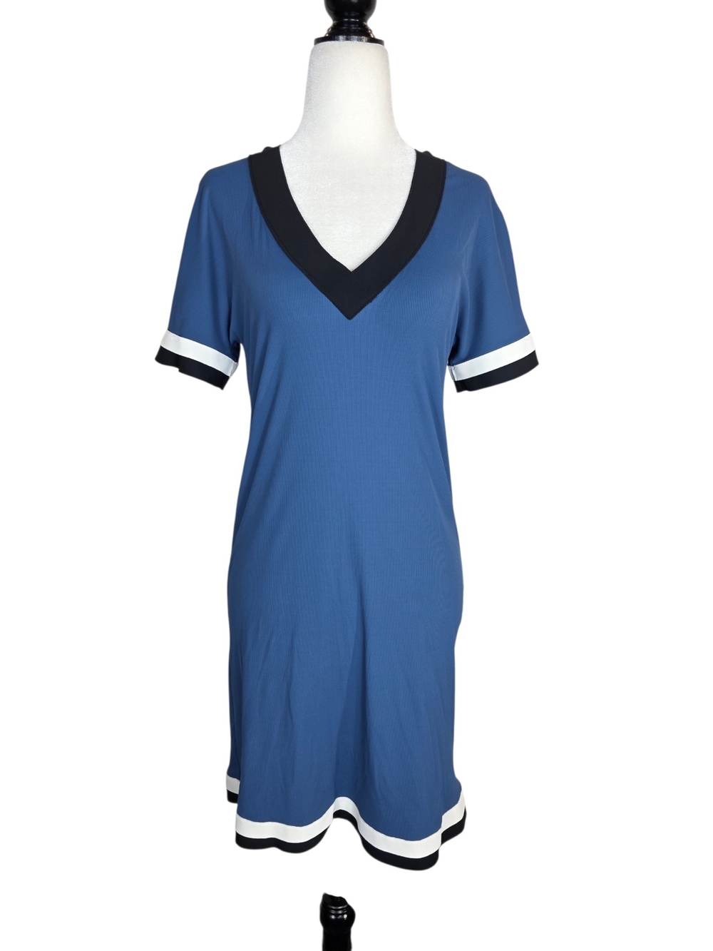 SHAN Blue V-Neck Short Sleeve Lounge Dress with Black & White Trim